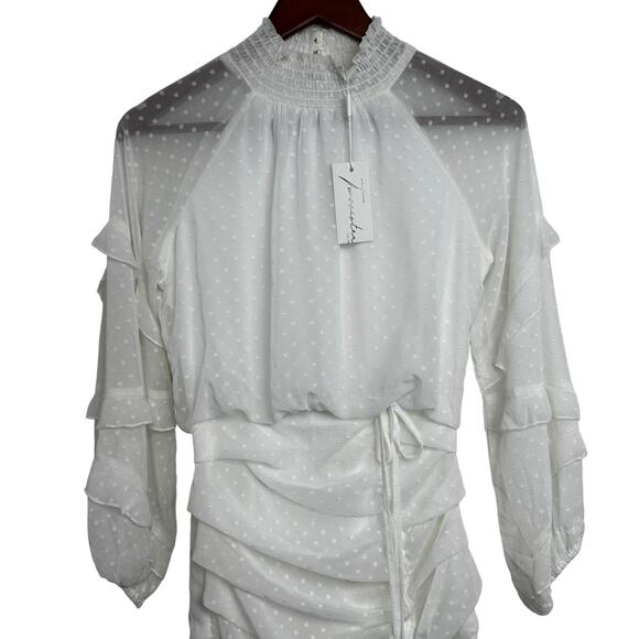 NWT TWO SISTERS White Piper Mini Dress Sz 2 Ruched Shirred Textured Polka Dot XS - Picture 7 of 16